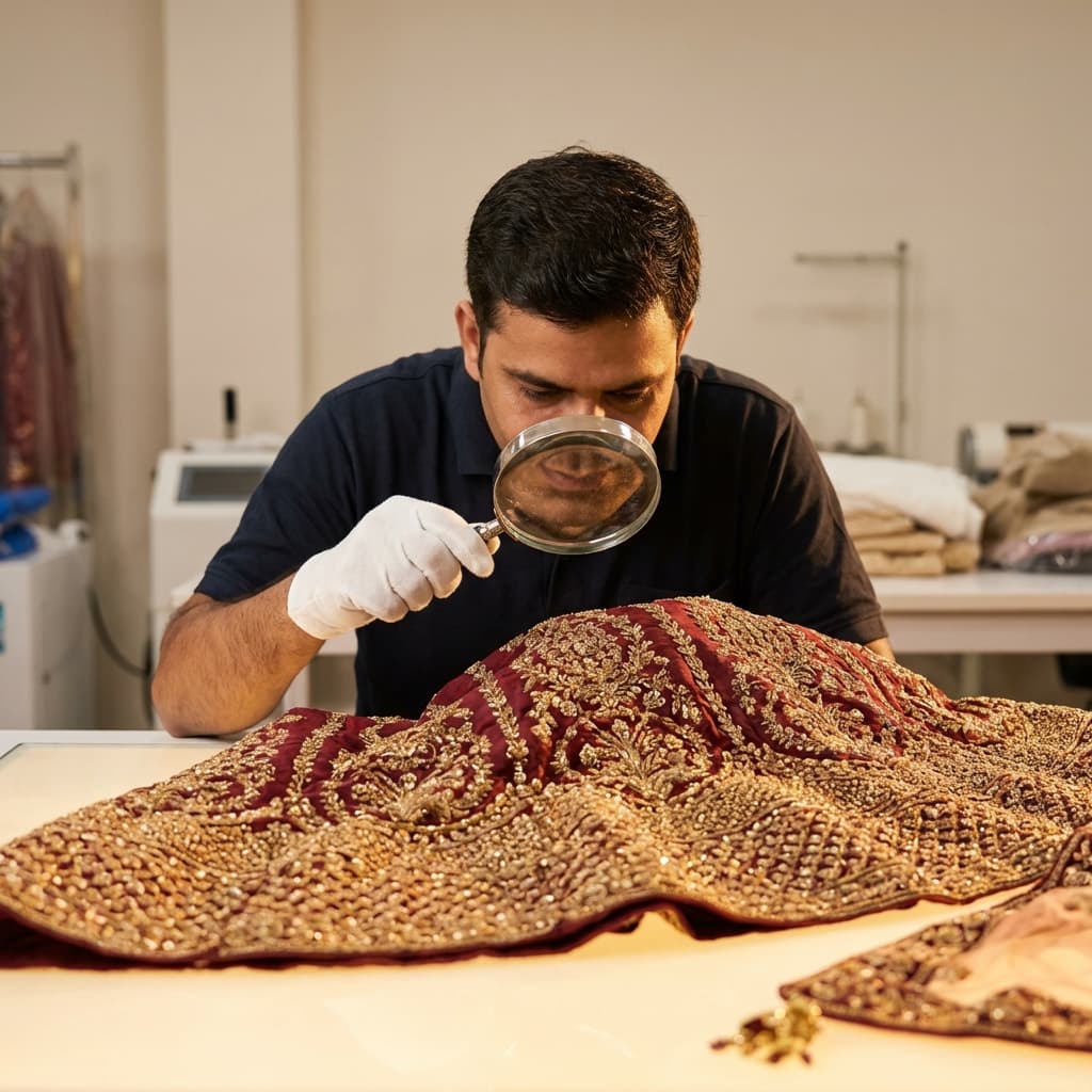 Expert inspecting premium lehenga with magnifying glass